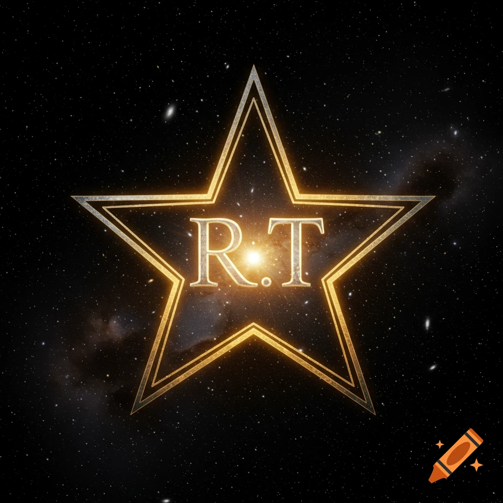 A glowing golden outline star with the initials R.T inside, set against a dark starry space background with faint nebulae.