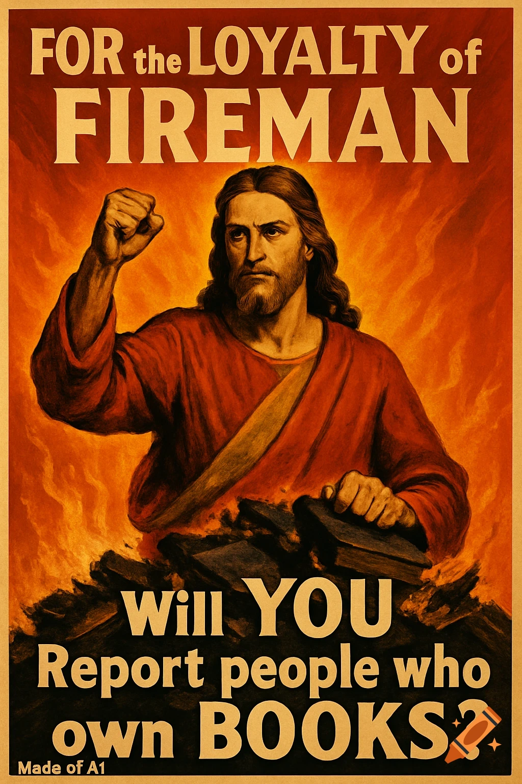 Vintage propaganda poster with Jesus raising a fist over burning books, text reads: 'FOR the LOYALTY of FIREMAN Will YOU Report people who own BOOKS?'