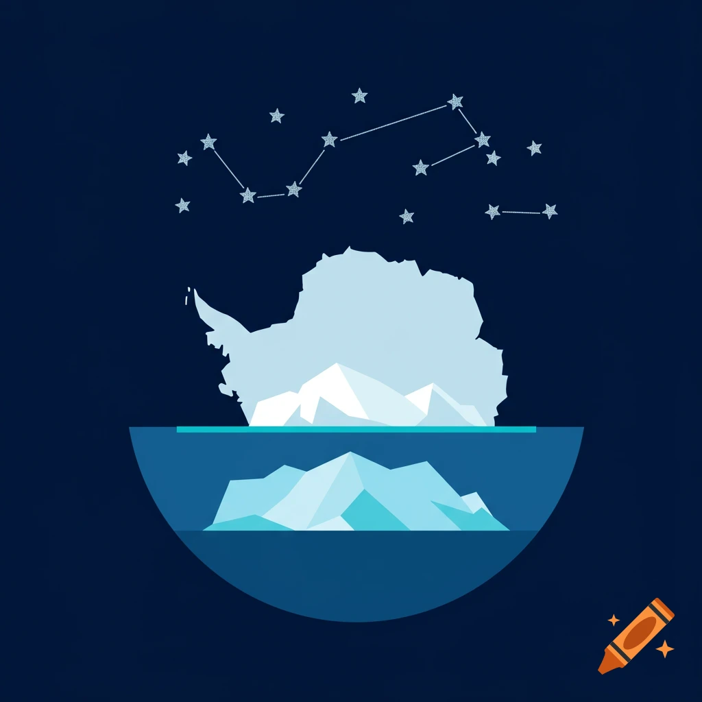 Stylized illustration of Antarctica as a white landmass, with icebergs in dark blue water, and constellations in a dark blue night sky.