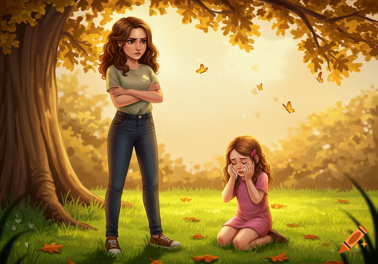 An illustration of an upset older girl standing with crossed arms while a younger girl kneels crying in an autumn park.