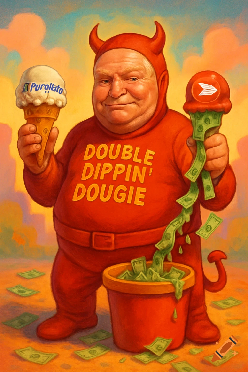 A cartoon illustration of a plump man in a red devil costume, labeled 'DOUBLE DIPPIN' DOUGIE', holding two ice cream cones, one with 'Purollato', the other dripping cash into a bucket.