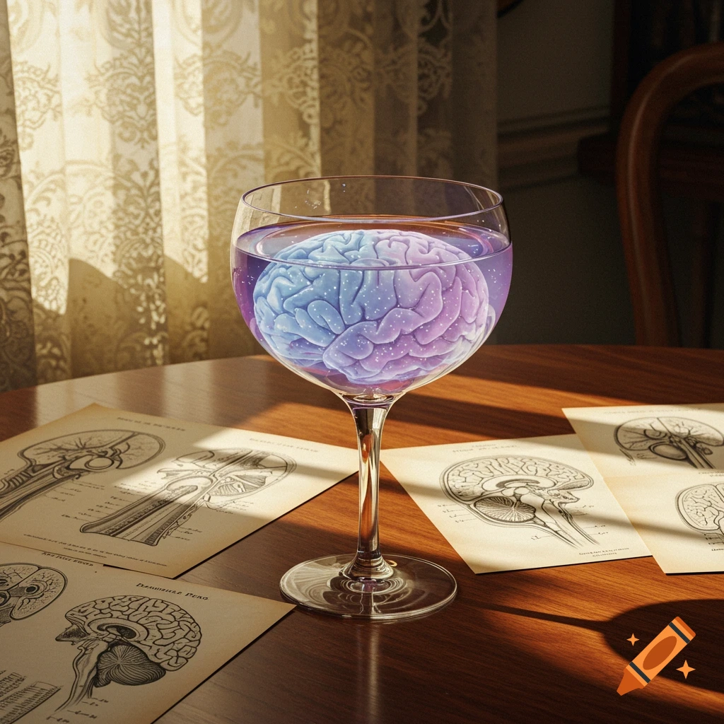 A vibrant blue and purple brain floats in liquid inside a wine glass on a wooden table, surrounded by vintage anatomical diagrams.