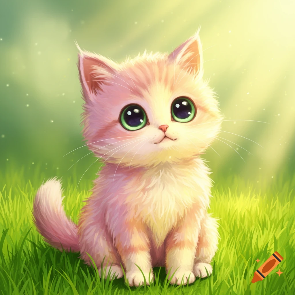 A cute cartoon kitten with big green eyes and fluffy pink and orange fur sits in bright green grass under sunlight.