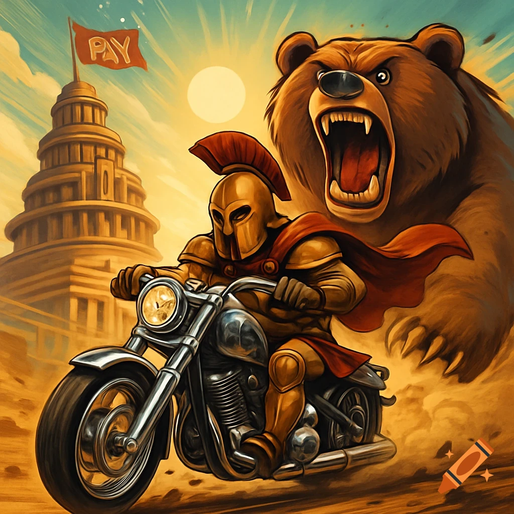 Cartoon Spartan on a chrome motorcycle fleeing a giant roaring bear, with a building and "PAY" flag in the background.