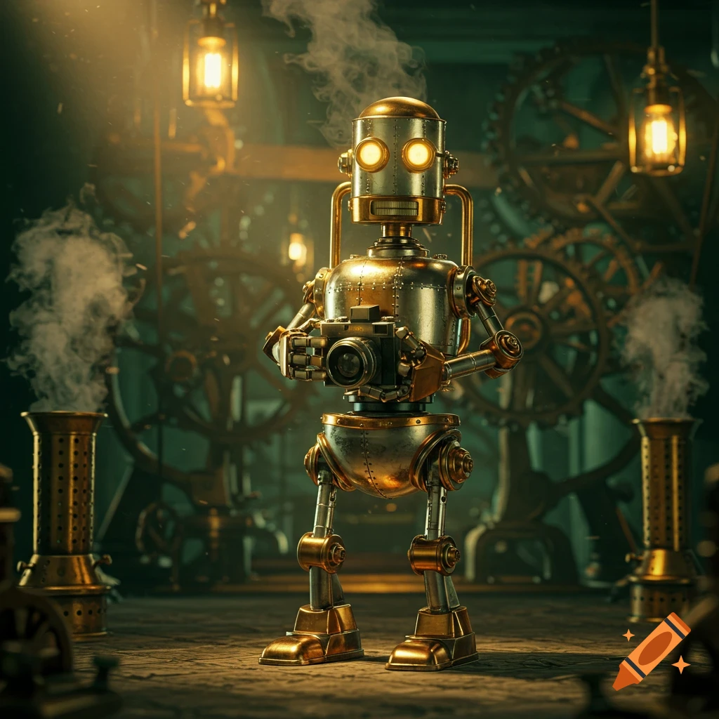 A golden and silver steampunk robot holds a camera, surrounded by gears, steam, and glowing industrial lights.