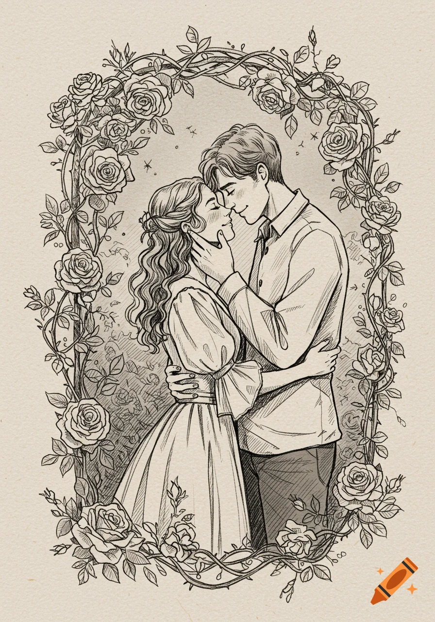 A black and white romantic sketch of a couple embracing within an oval frame of roses.