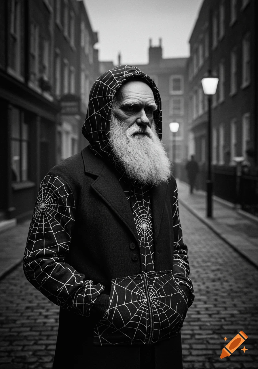 Black and white portrait of a man resembling Charles Darwin with a long white beard, wearing a spiderweb patterned hoodie and coat on a city street.
