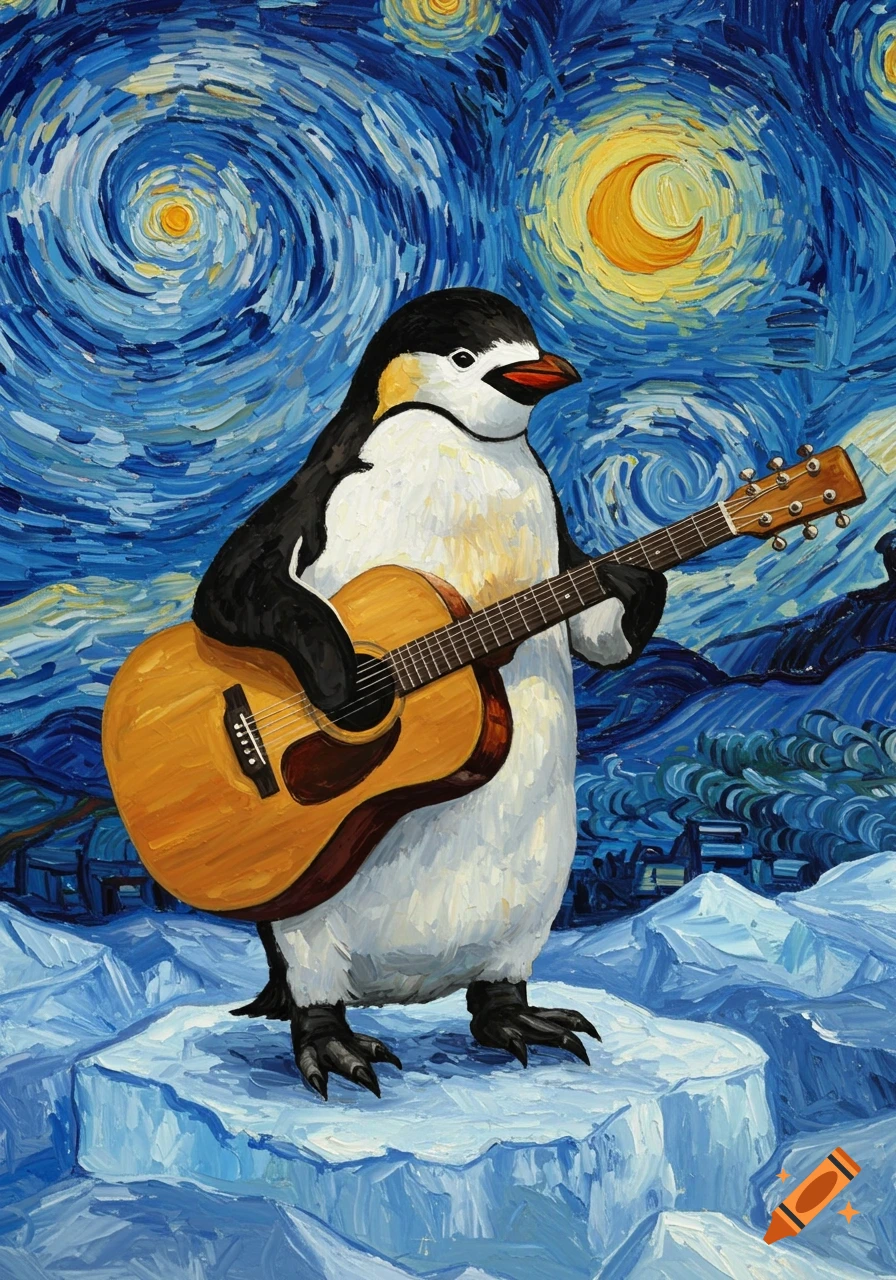 A penguin stands on an iceberg playing a guitar, painted in a swirling, starry Van Gogh style.