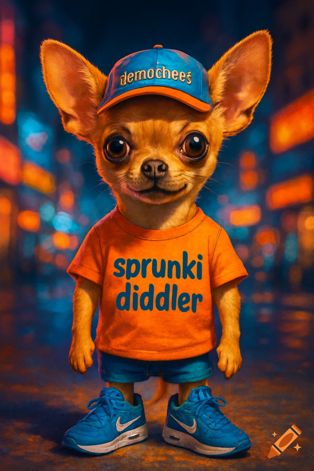 Anthropomorphic chihuahua puppy wearing an orange t-shirt, blue shorts, blue Nike sneakers, and a blue cap on a blurry city street at night.