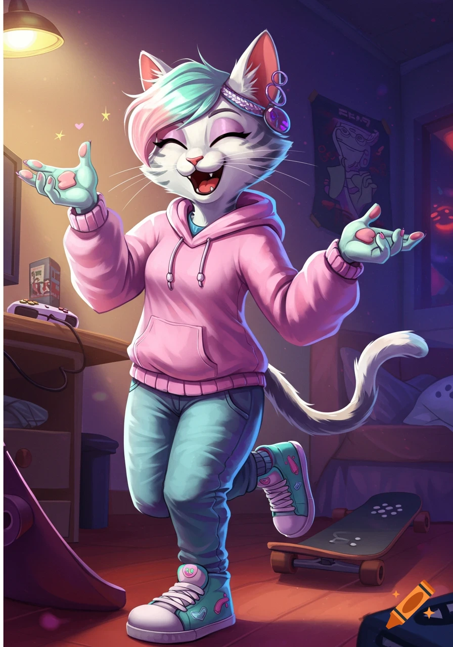 A happy anthropomorphic cat in a pink hoodie and blue jeans stands in a room with a skateboard and gaming controller, arms open wide.