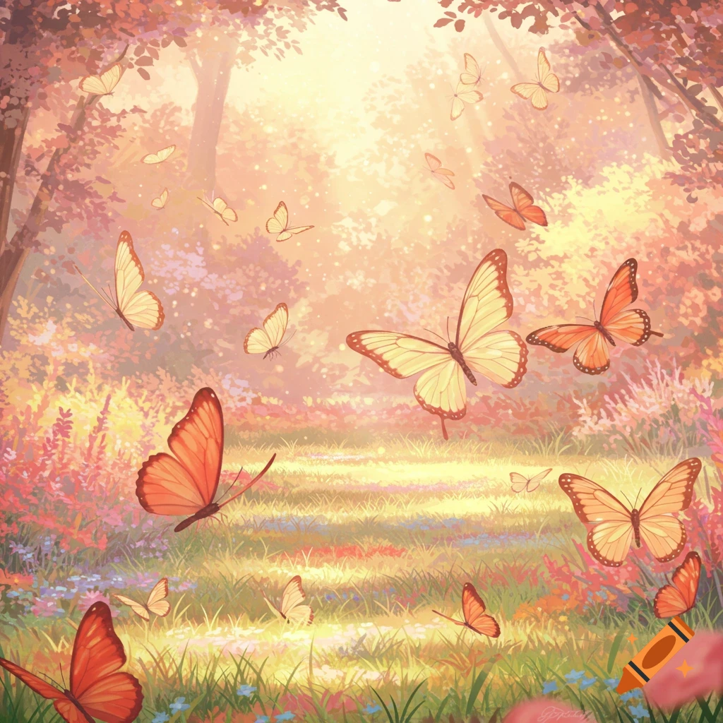 A vibrant digital painting of numerous orange and yellow butterflies flying through a sunlit forest with colorful foliage and a grassy path.