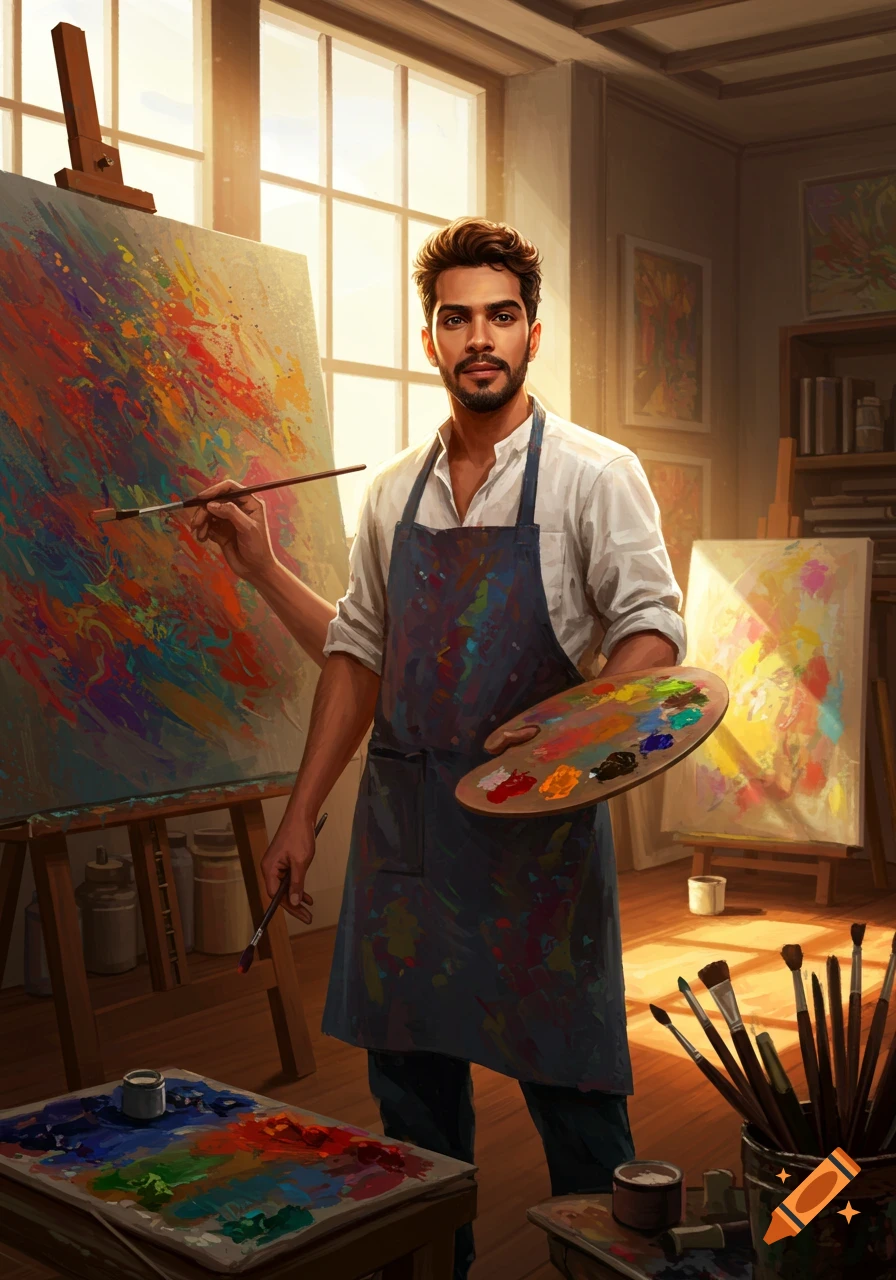 A male artist with a beard, wearing an apron, painting on a large colorful canvas in a bright art studio.