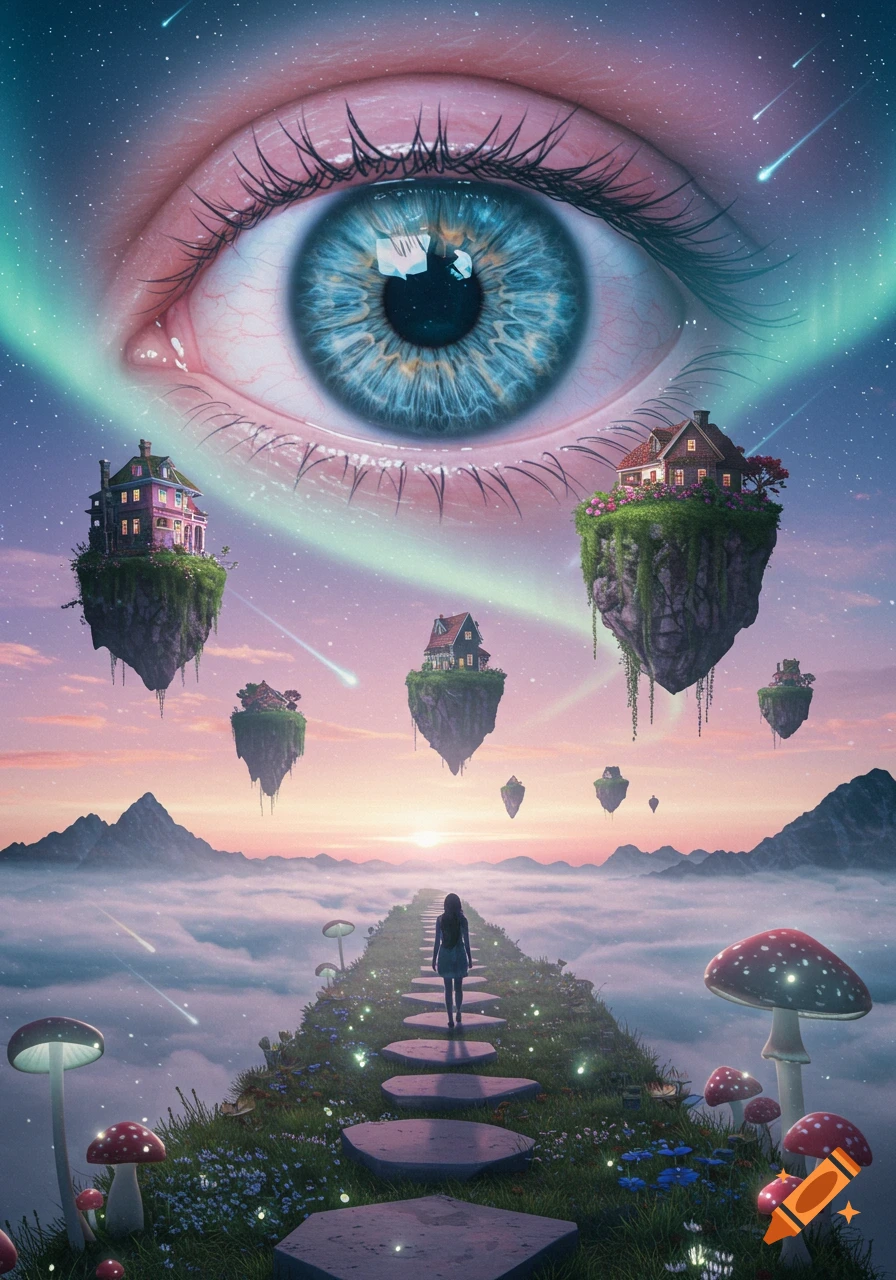 A surreal dreamscape with a giant blue eye in a starry sky, floating islands, a person on a path through glowing mushrooms, and a sunset.