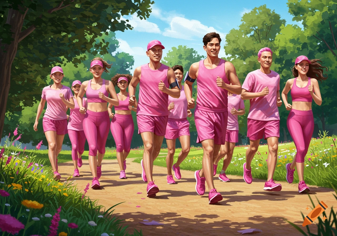 An illustration of a diverse group of people running in pink sportswear on a park path, surrounded by trees and flowers.