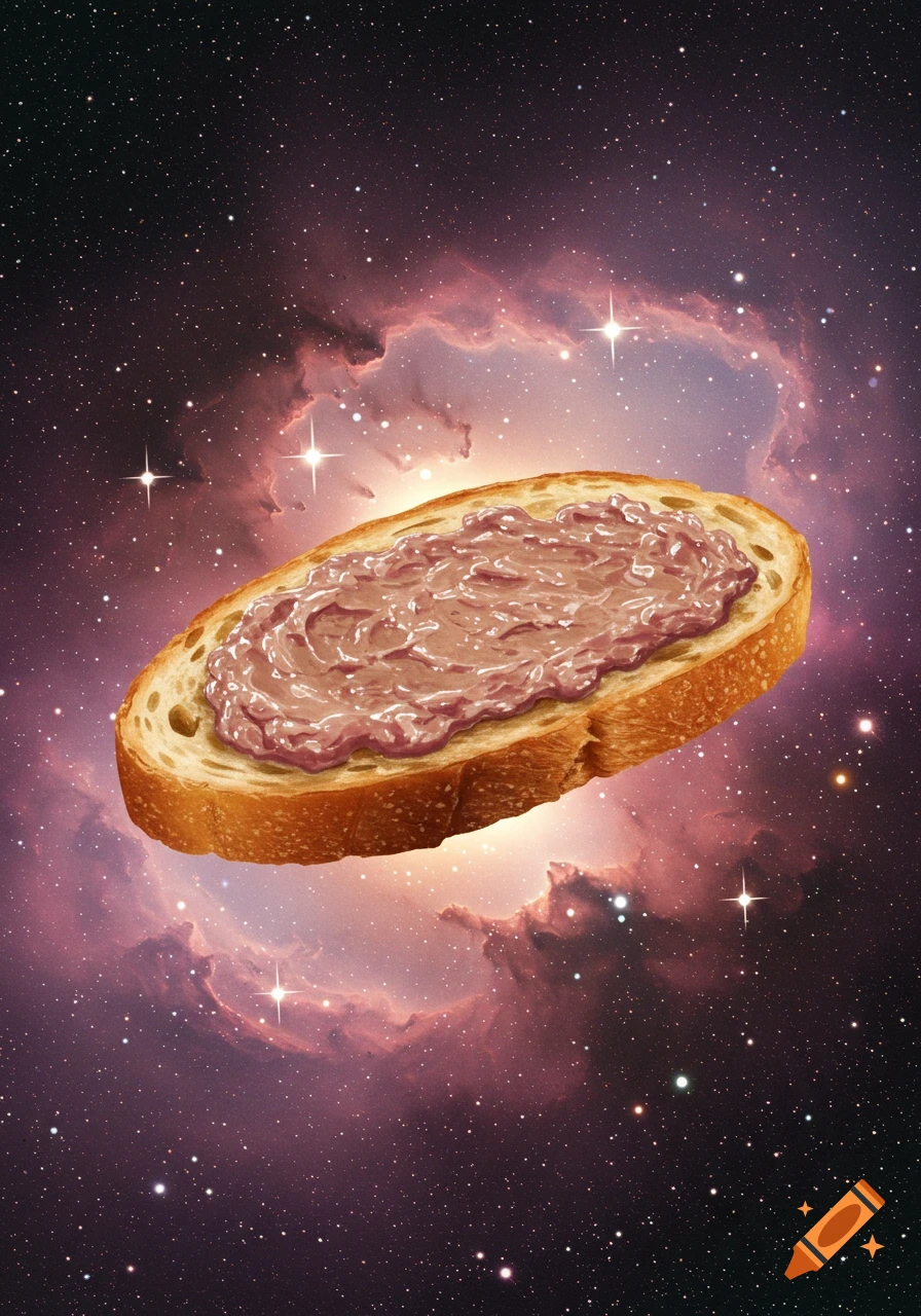 A slice of bread topped with a pinkish-brown spread floats in deep space, surrounded by a colorful nebula and sparkling stars.