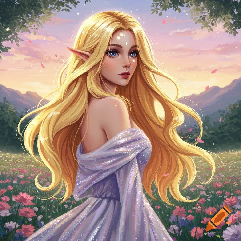 Anime style blonde elf woman with long hair and exposed shoulders in a sparkling dress, looking back in a flower field at sunset.