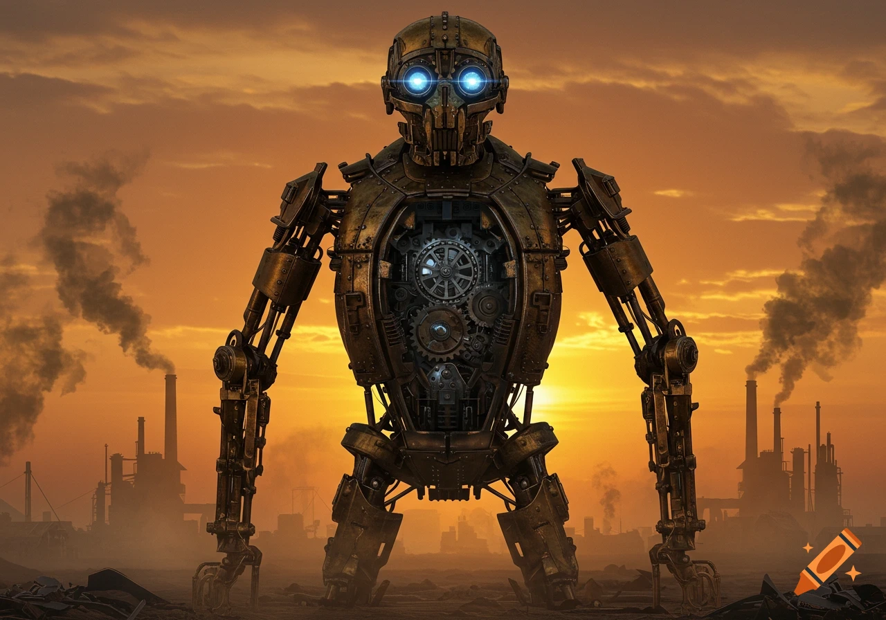 A large, detailed steampunk robot with glowing blue eyes and exposed gears stands in an industrial wasteland under an orange sunset.