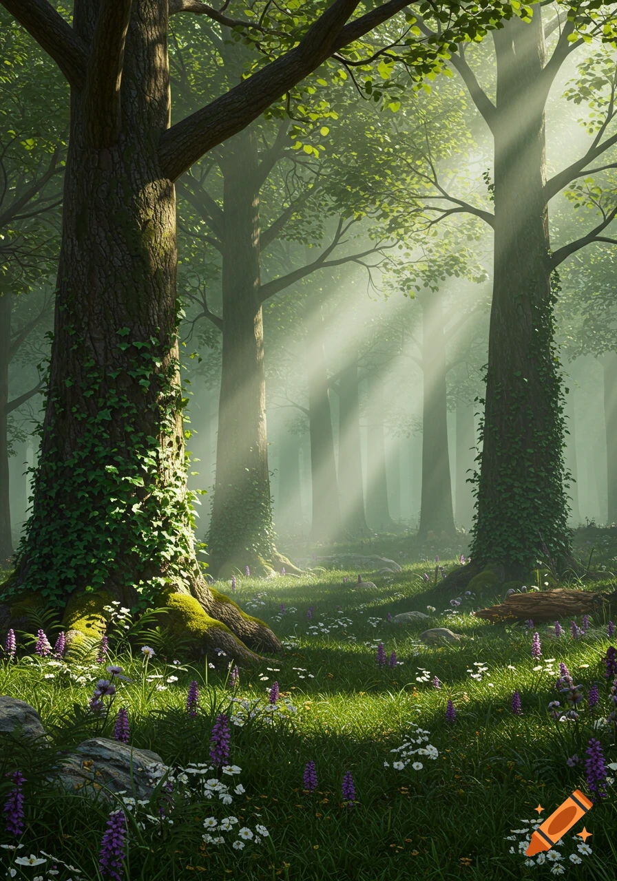 Photorealistic image of a sunlit forest floor with lush green grass, towering trees, and wildflowers.
