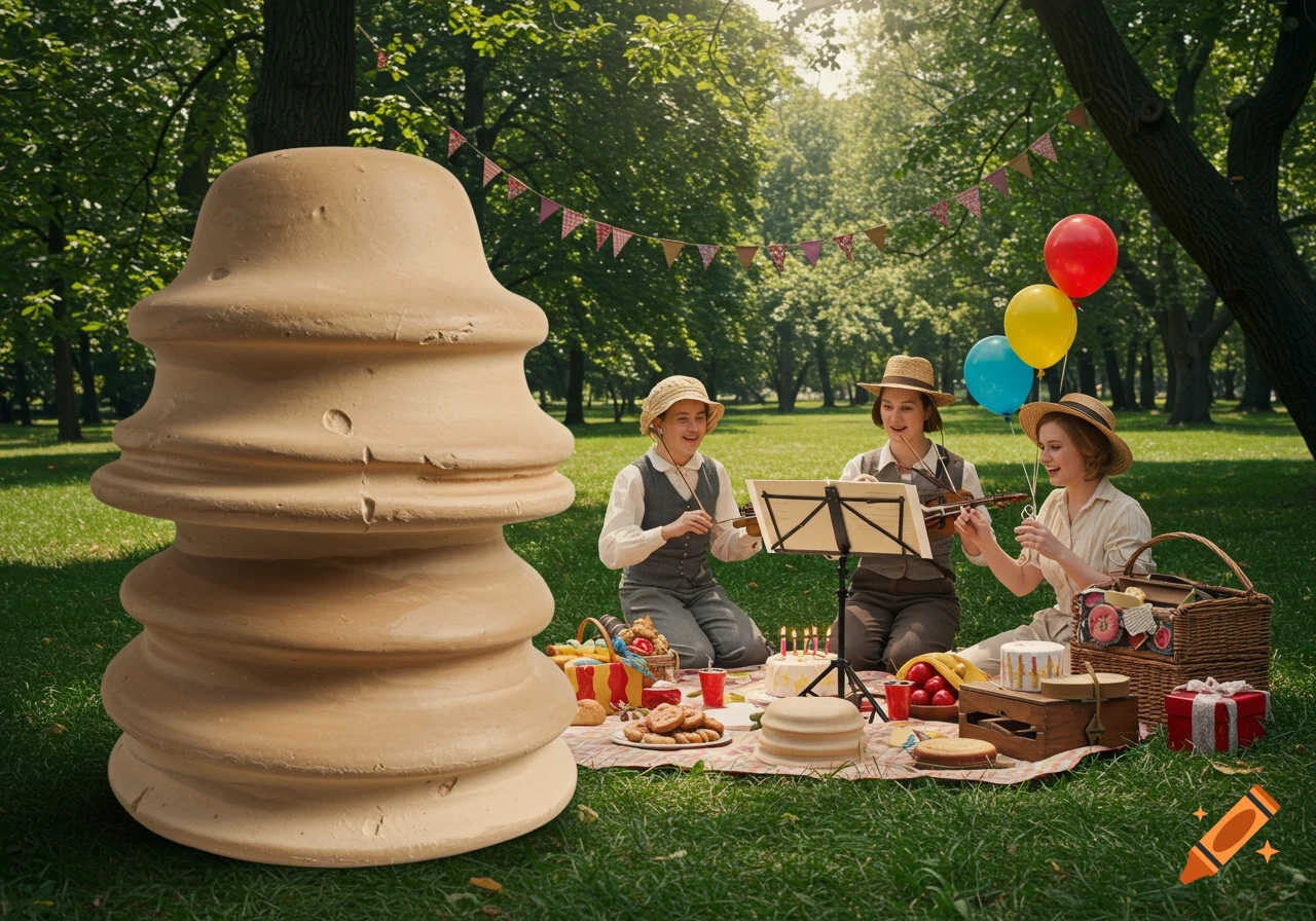 Three women in hats play violins at a birthday picnic with cake and balloons in a park. A large bell-shaped object is foreground.