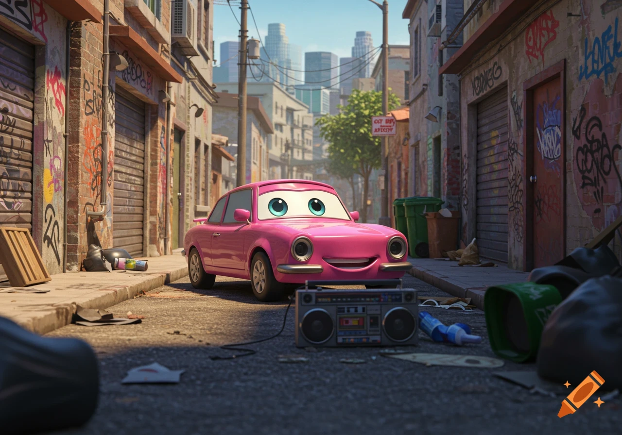 A cute pink anthropomorphic cartoon car with big blue eyes smiles in a trashy, graffiti-covered urban alley with a boombox.