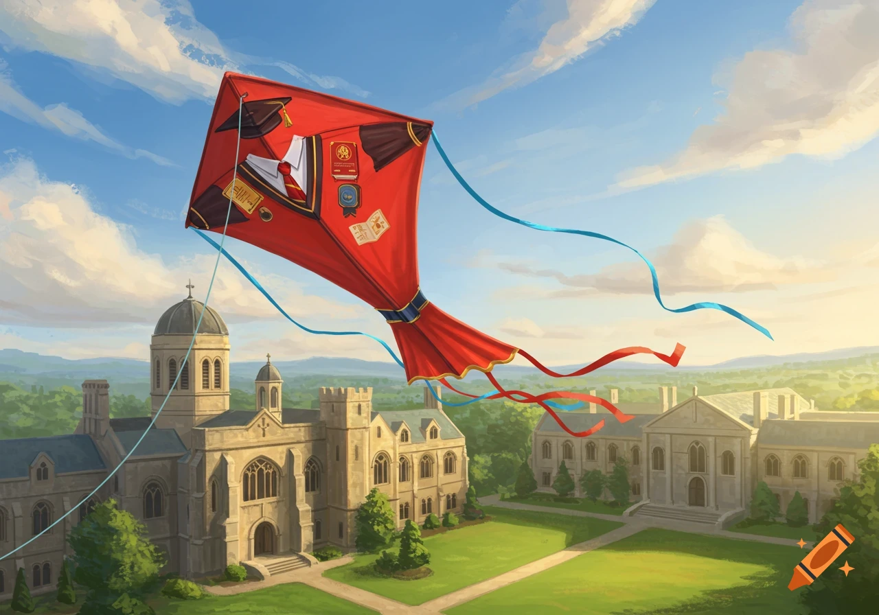 An illustrative red kite adorned with academic symbols flies high above a sprawling university campus with stone buildings.