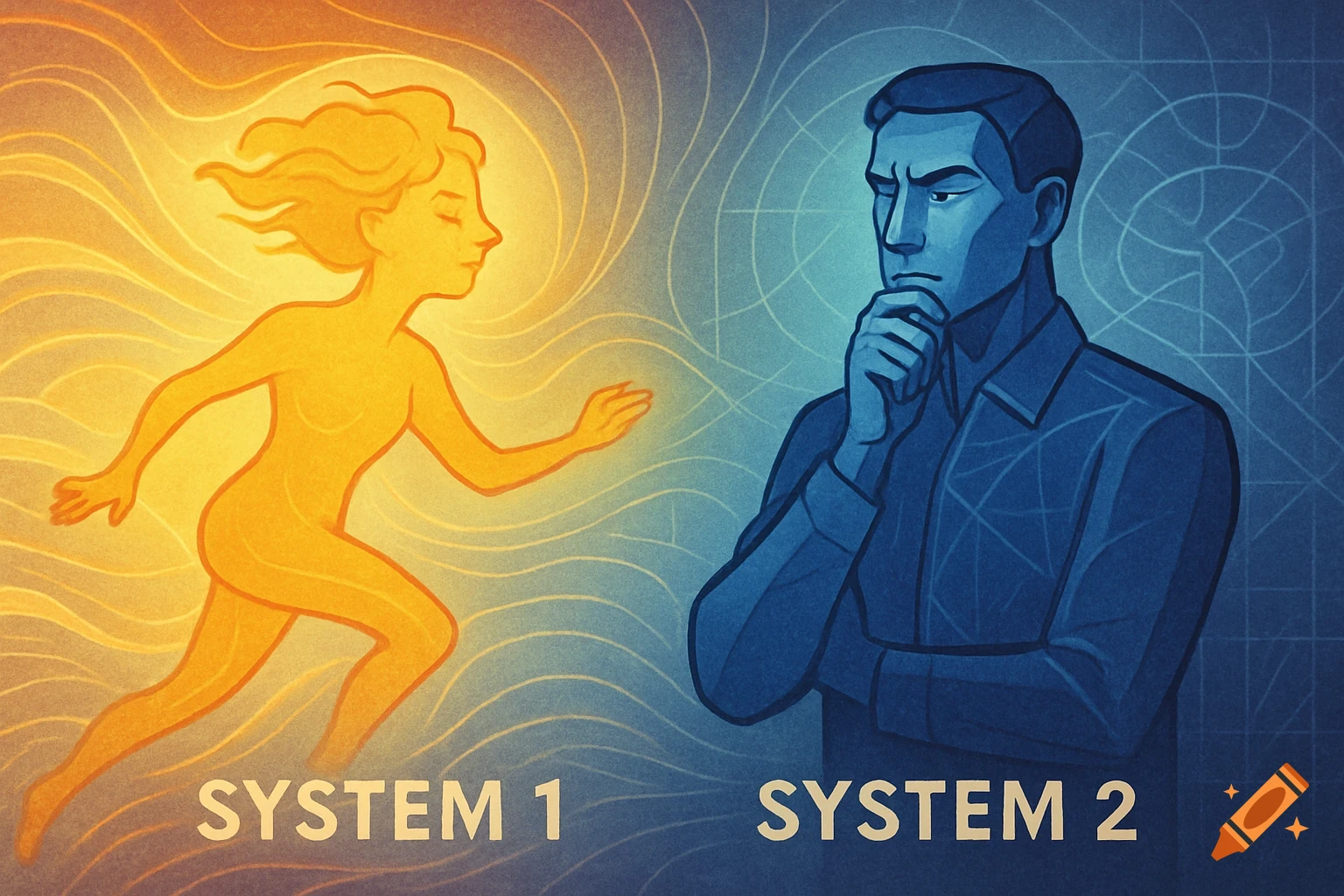 A stylized illustration showing a glowing yellow active figure labeled SYSTEM 1 and a blue contemplative figure labeled SYSTEM 2.