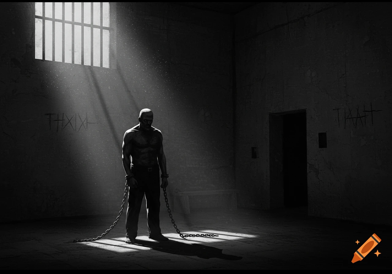A muscular man with chains stands in a dark, grimy prison cell, illuminated by dramatic light rays streaming through a barred window.