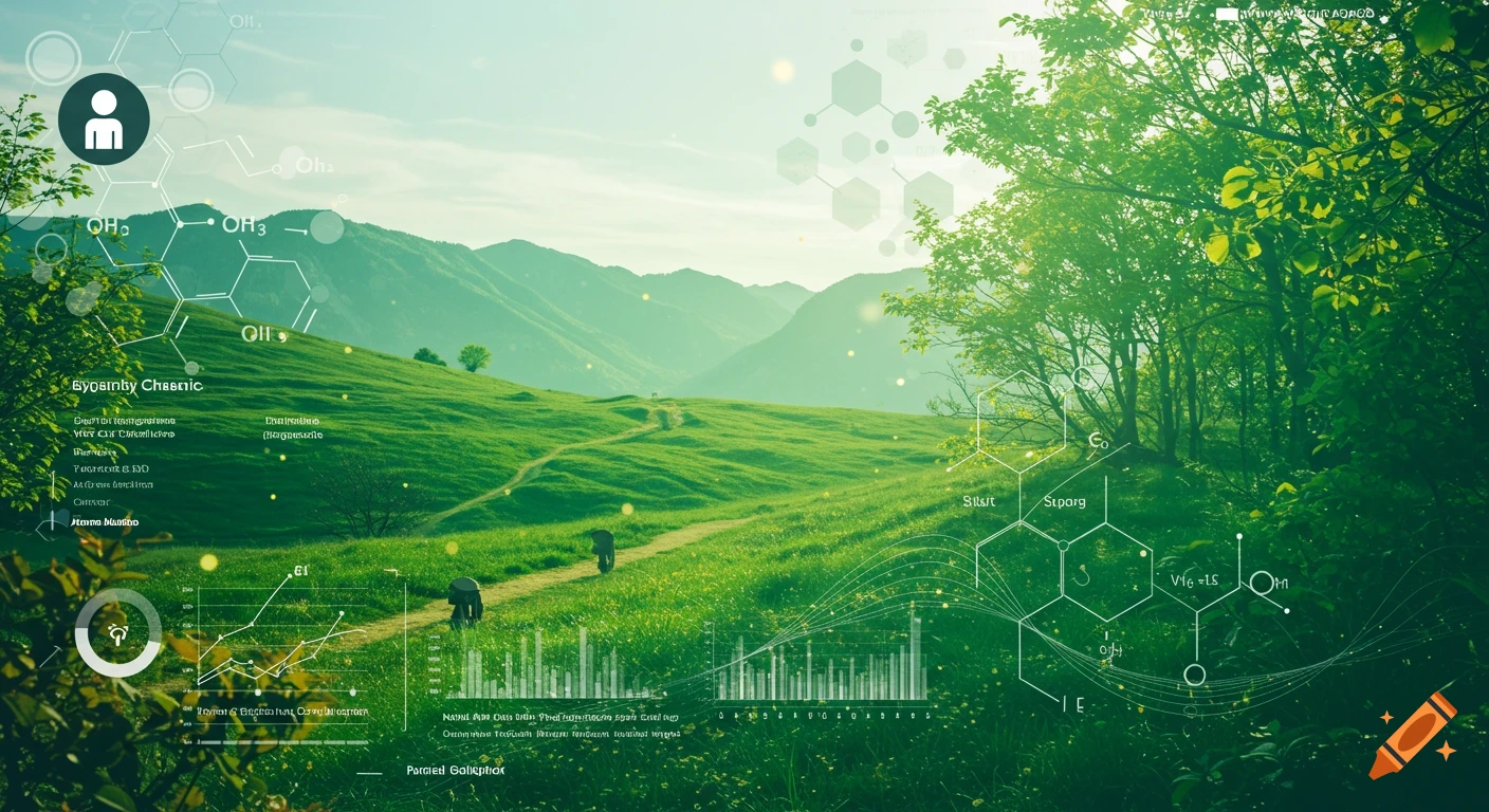 A lush green mountain landscape with a winding path, overlaid with transparent scientific diagrams, chemical formulas, and graphs, under a bright sky.