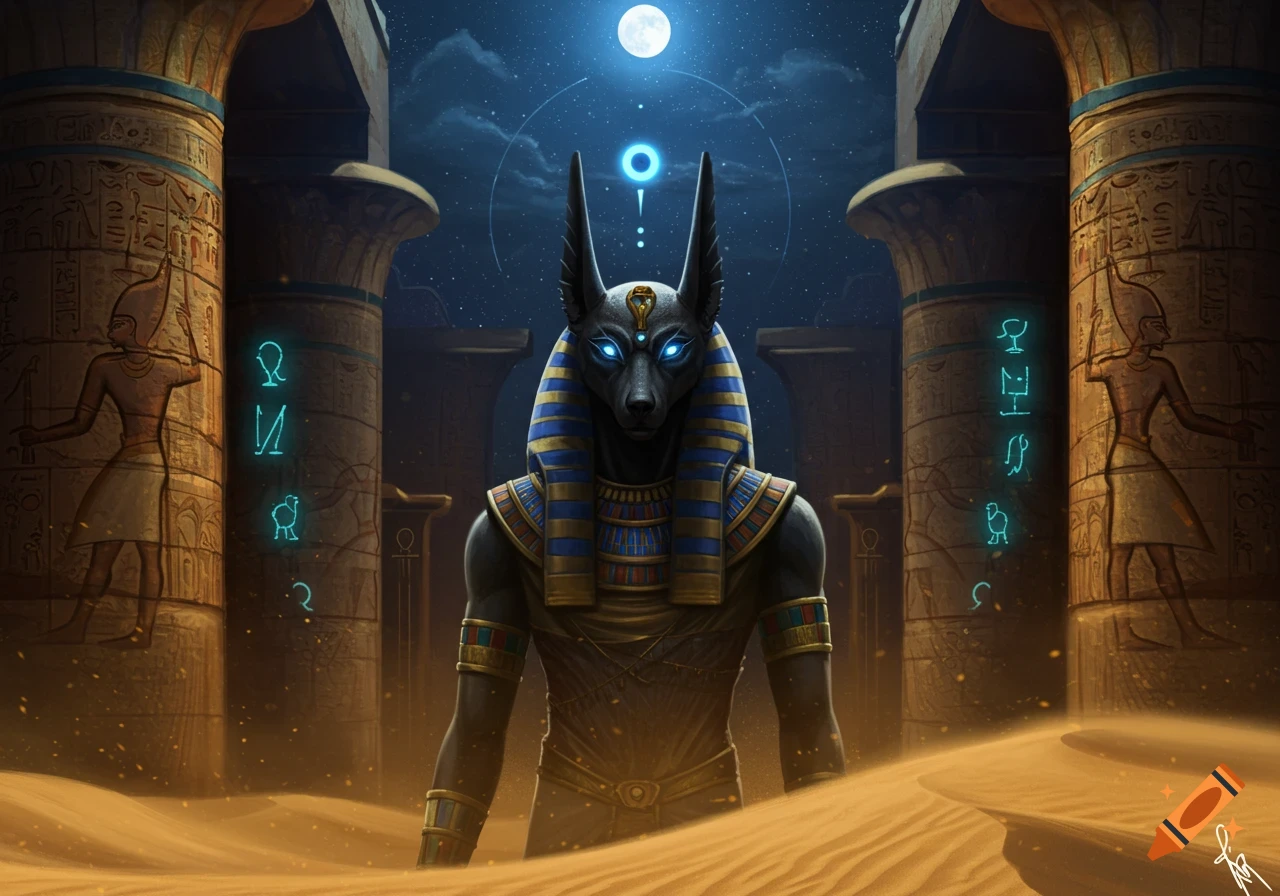 Anubis, the jackal-headed Egyptian god, stands in a sandy temple under a full moon, surrounded by glowing symbols and hieroglyphic pillars.
