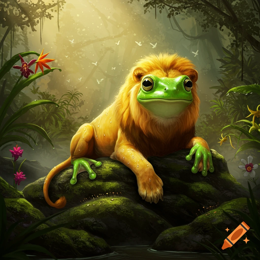 A whimsical hybrid creature, a lion with a frog's head and webbed green feet, sits on a mossy rock in a vibrant, sunlit jungle.