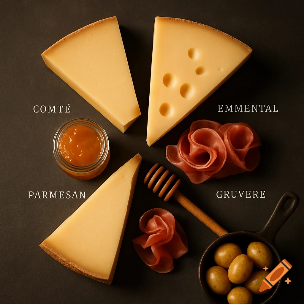 Overhead shot of a cheese board with Comt é, Emmental, Parmesan, Gruvere, jam, prosciutto, honey dipper, and baby potatoes.