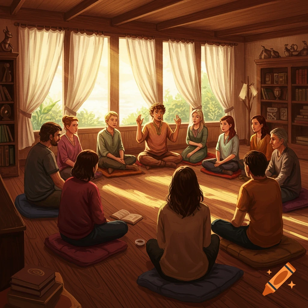 A diverse group of people sitting in a sunlit room on cushions, listening intently to one person speaking.