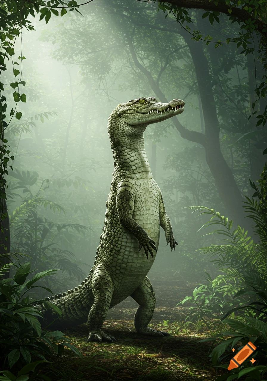 A large green crocodile stands upright on its hind legs in a misty, lush jungle.