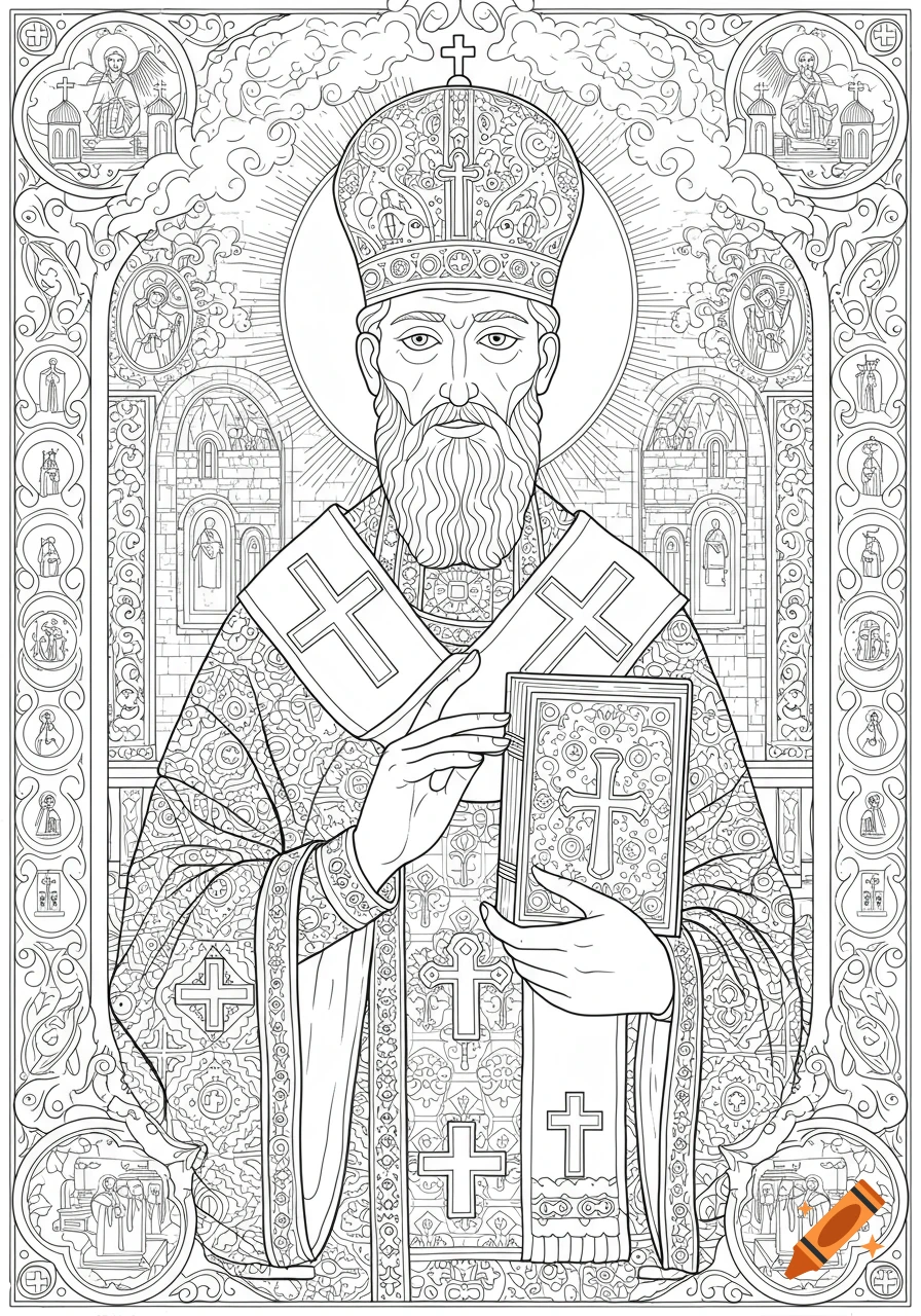 Line art coloring page of an Orthodox Christian saint, holding a book, adorned with religious symbols and intricate patterns.