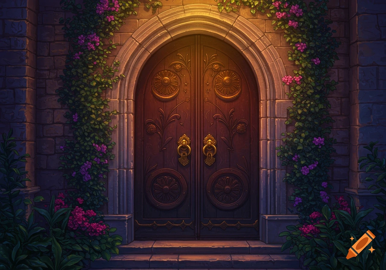 An ornate, dark wooden double door with gold hardware, set in a stone archway covered in green vines and pink flowers, illuminated by a warm light.