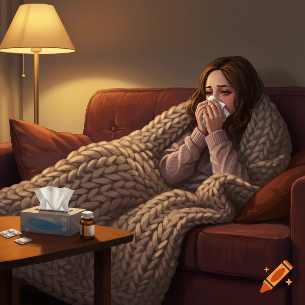 Stylized digital art of an ill woman wrapped in a chunky blanket on a sofa, blowing her nose, with tissues and medicine on a table.