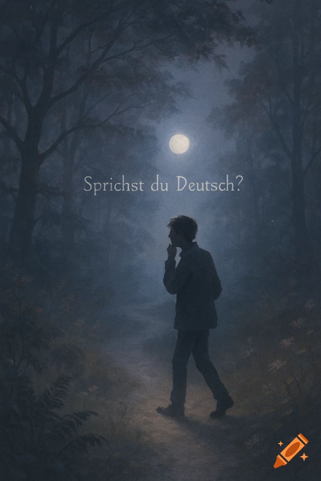 A person stands looking thoughtful in a misty, moonlit forest with the German text 'Sprichst du Deutsch?' floating above.