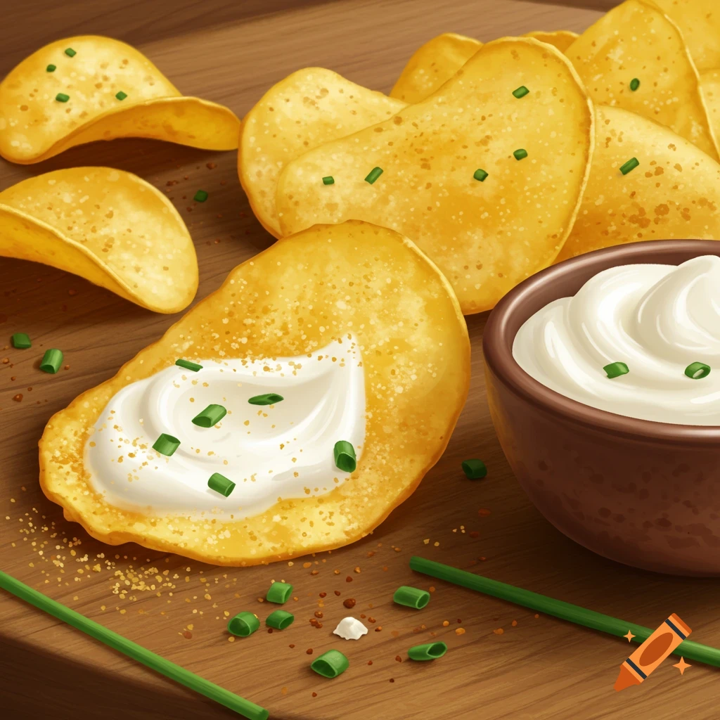 Close-up of golden potato chips with creamy white dip and chopped chives on a wooden surface.