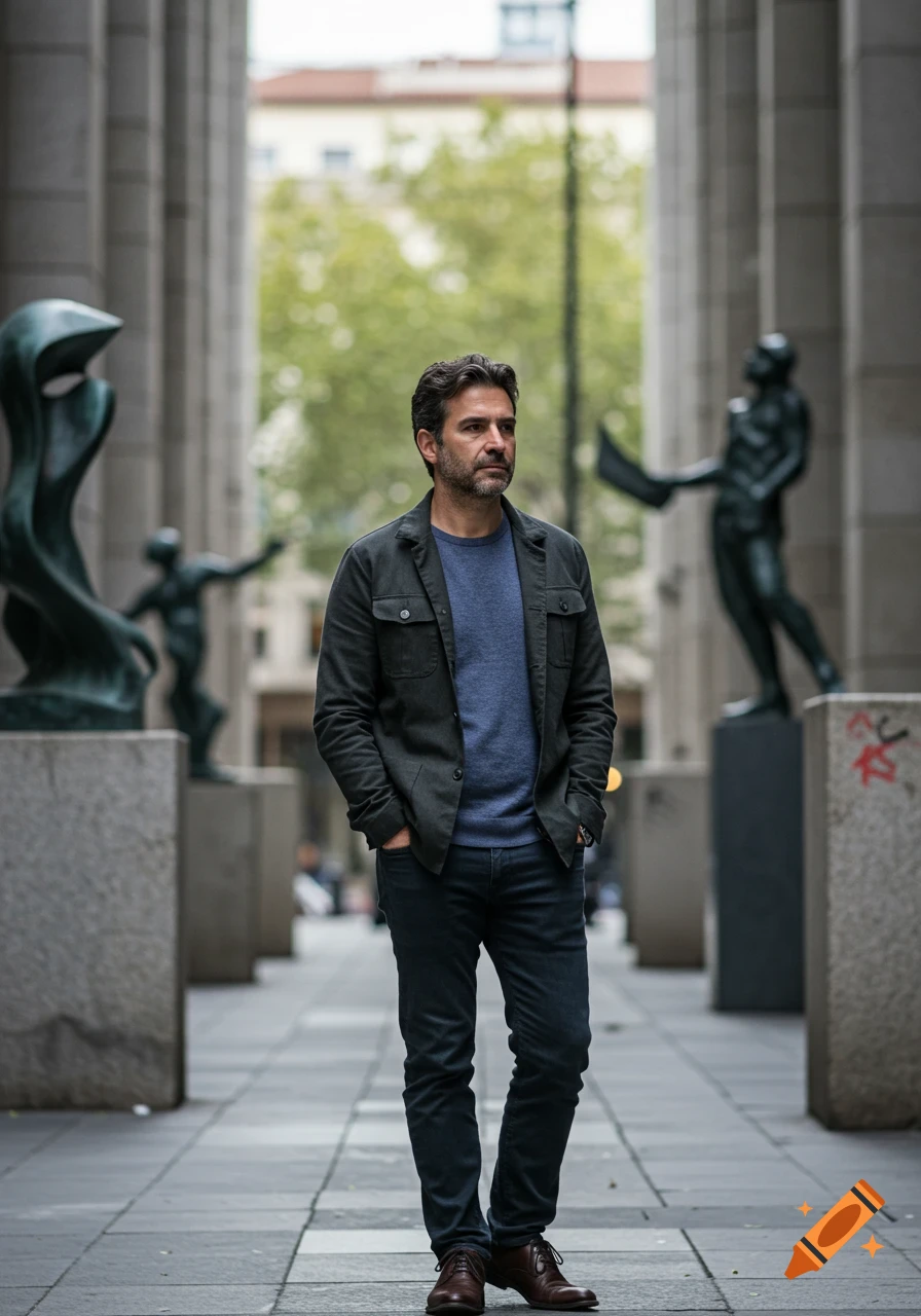 A photorealistic image of a man in a dark jacket and blue shirt standing in an urban archway between sculptures.