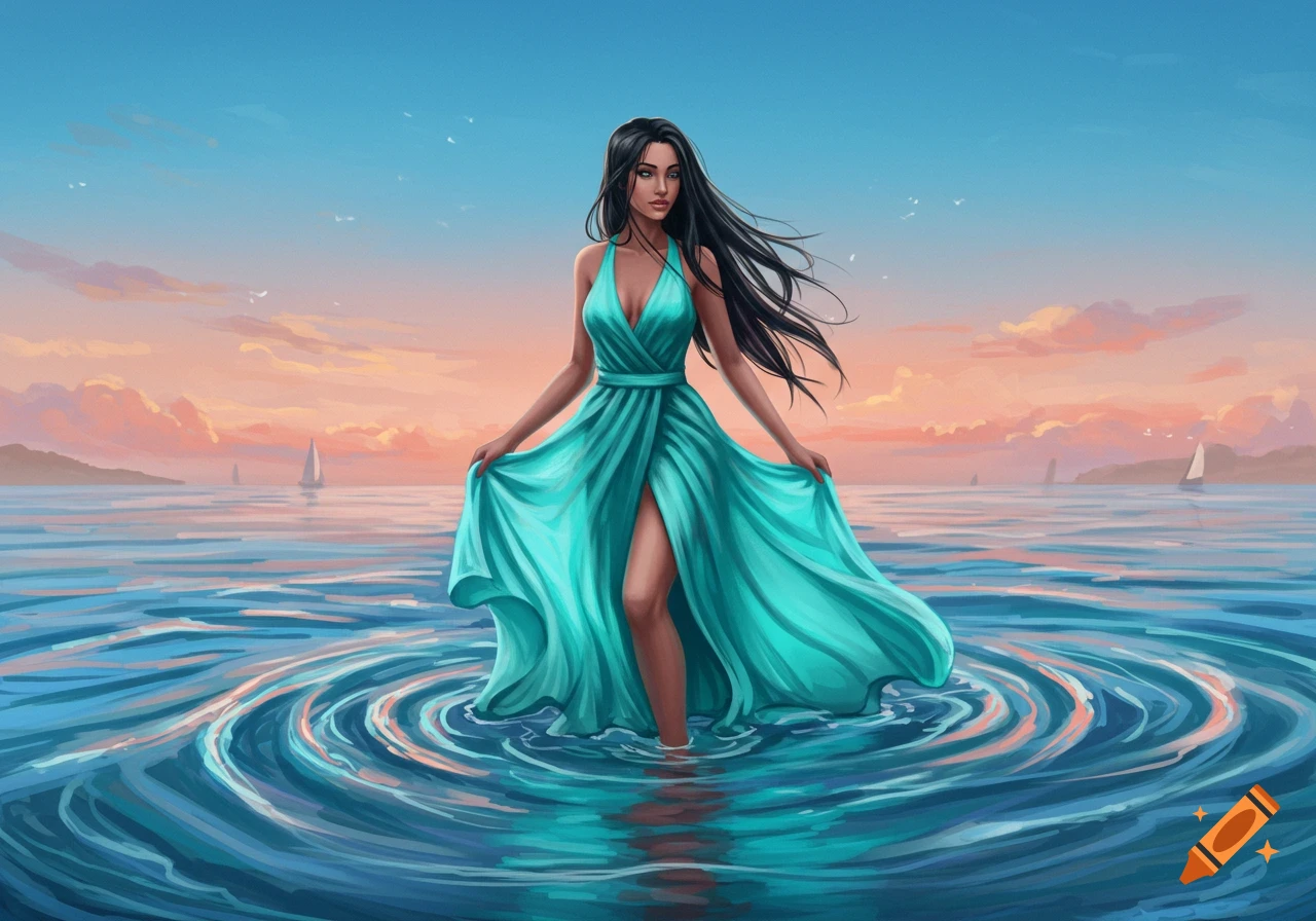 A woman with long dark hair in a flowing teal dress stands in rippling shallow sea water, with sailboats in the distance at sunset.