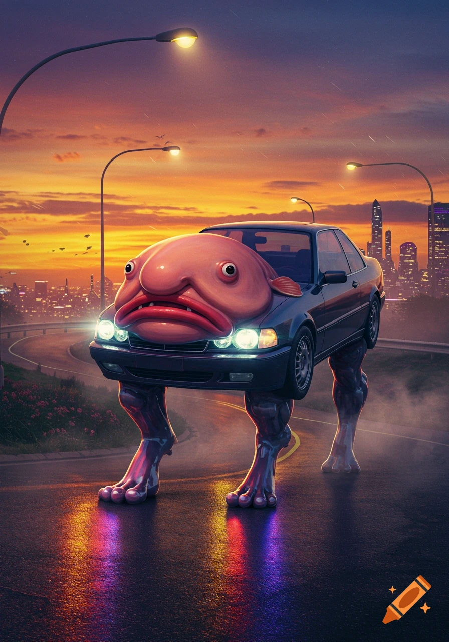 A black car with a large pink blob fish face for a hood and muscular human legs driving on a city road at sunset.