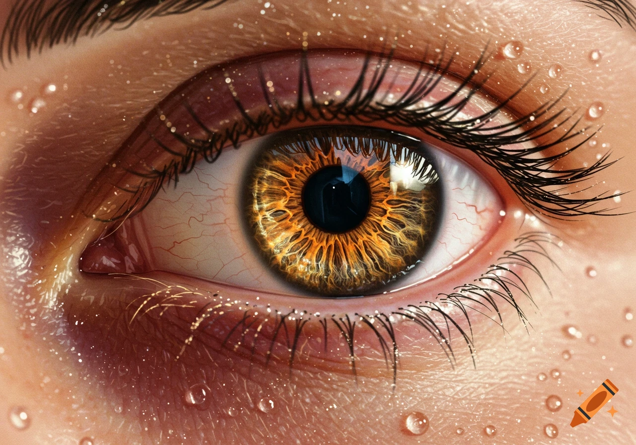 A macro shot of a human eye with a golden-orange, intricate cat-like iris and water droplets on the skin.