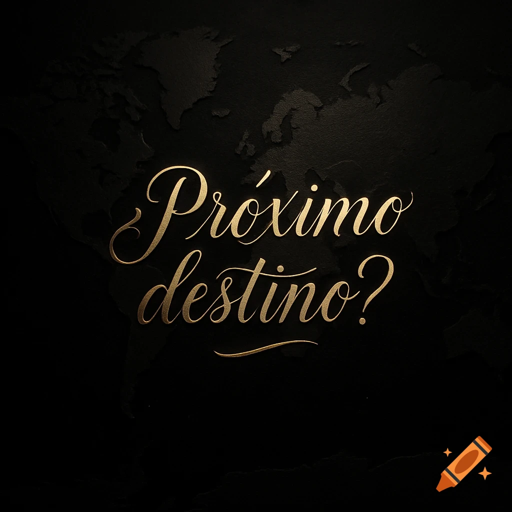 Gold calligraphy spelling "Próximo destino?" (Next destination?) on a dark, textured map background.