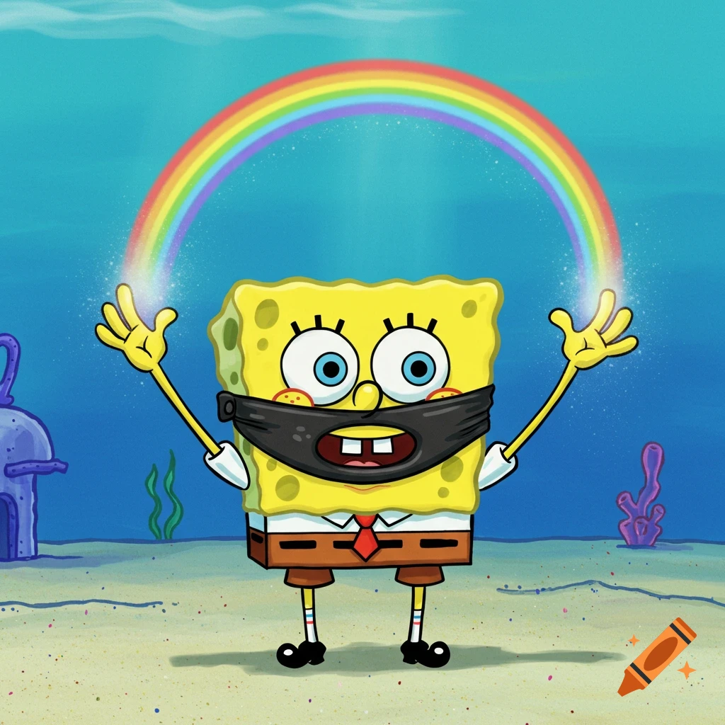 SpongeBob SquarePants wearing a black ski mask holds up a sparkling rainbow underwater.