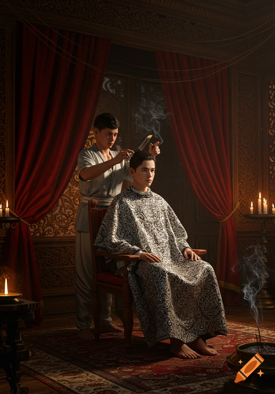 A young man receives a haircut from a barber in a richly decorated, candlelit room with red drapes and ornate carvings.