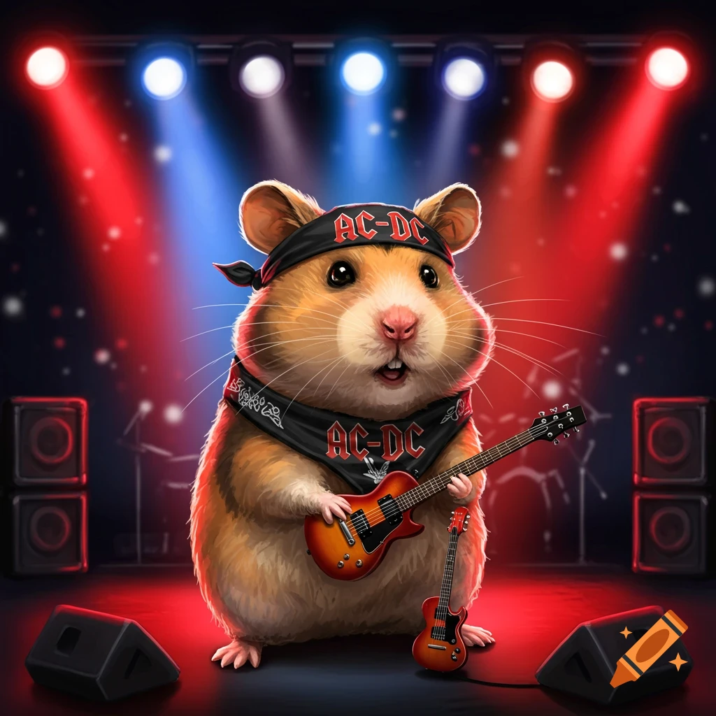 A cute hamster dressed as an AC/DC fan, holding a tiny electric guitar on a stage with red and blue spotlights.