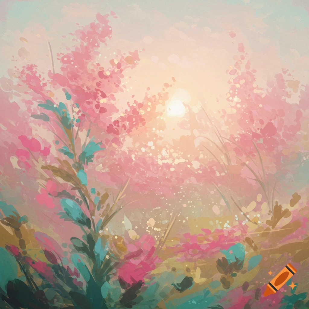 An abstract impressionist painting of a field of pink and blue flowers with a bright light source.