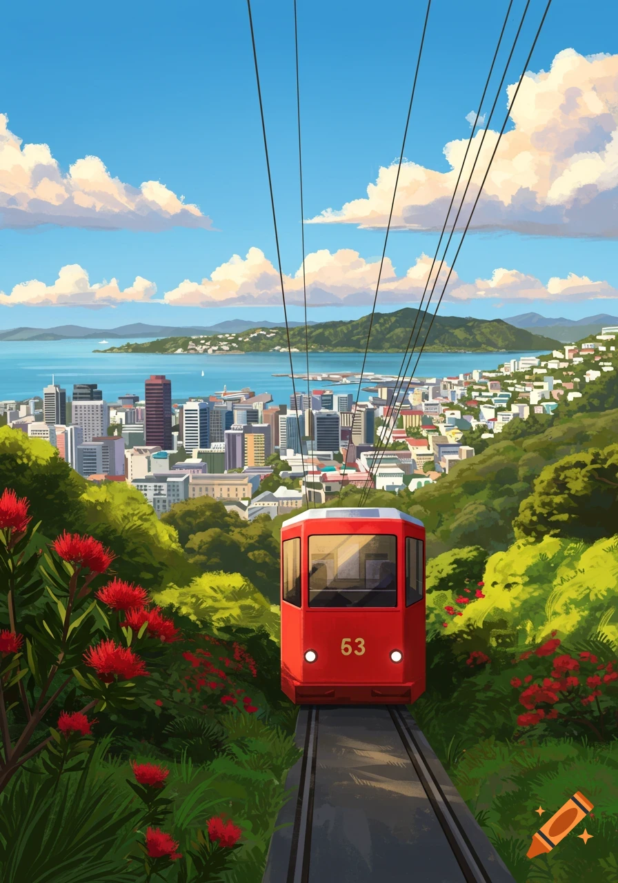 An illustration of a red cable car with '53' ascending a green, flowery hill, with a city skyline and bay in the background.
