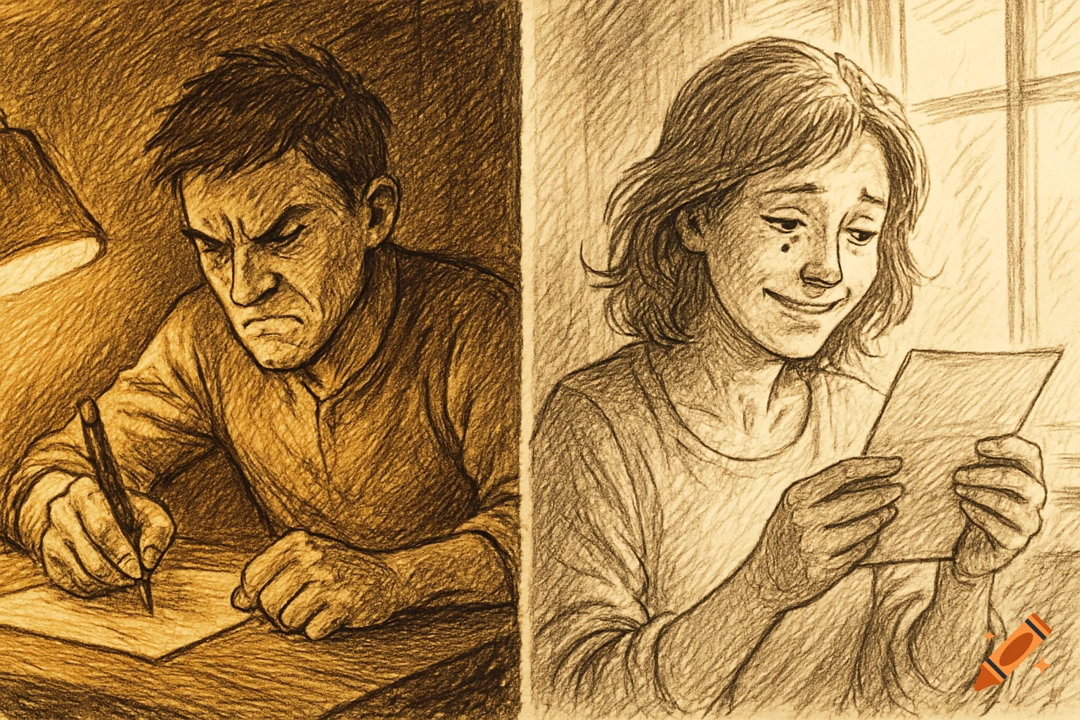 A hand-drawn illustration split into two scenes: on the left, a man angrily writes a letter; on the right, a woman joyfully reads a letter.
