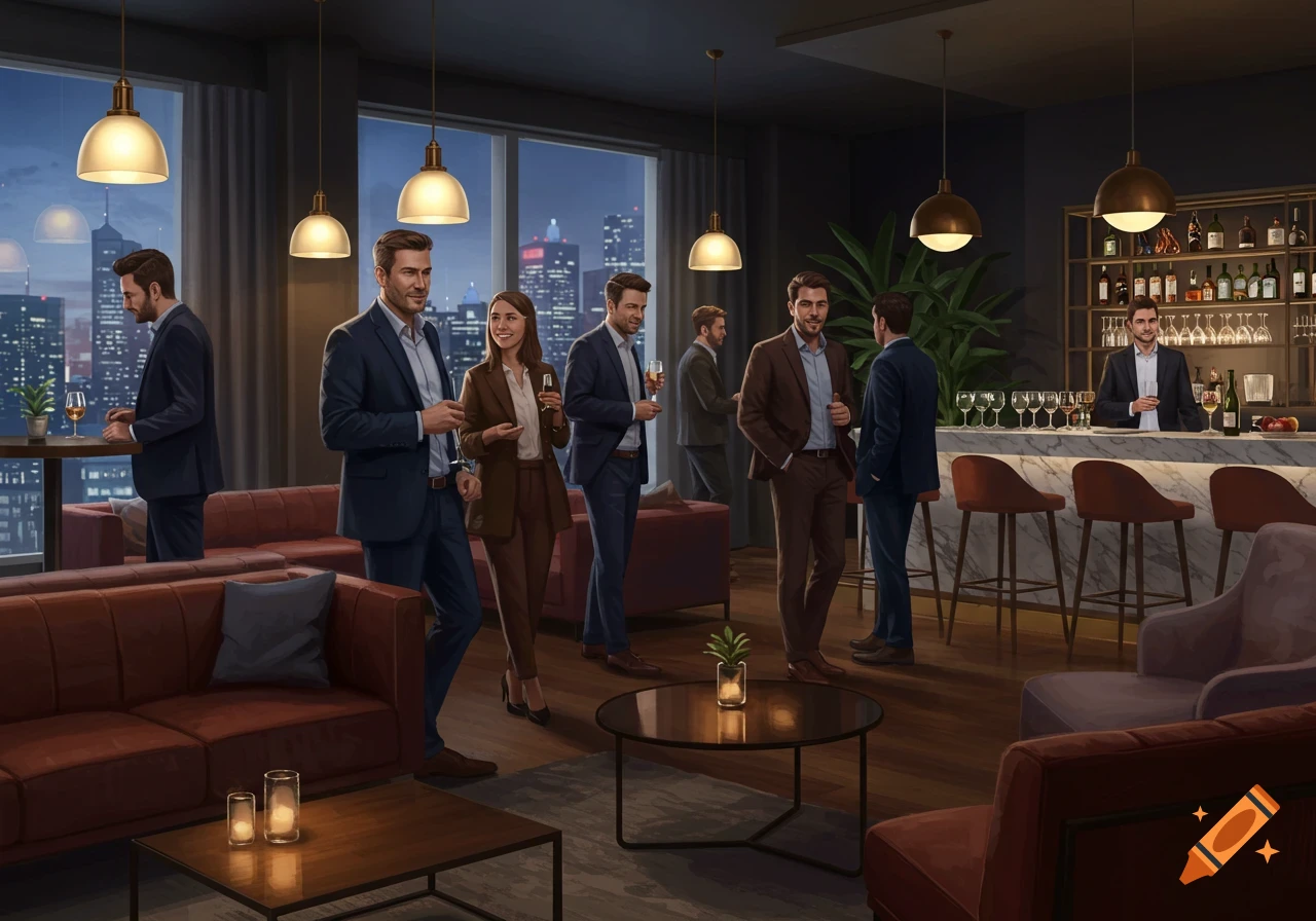 Well-dressed business people mingle in a sophisticated lounge with a bar and cityscape view at night, in an illustrative style.